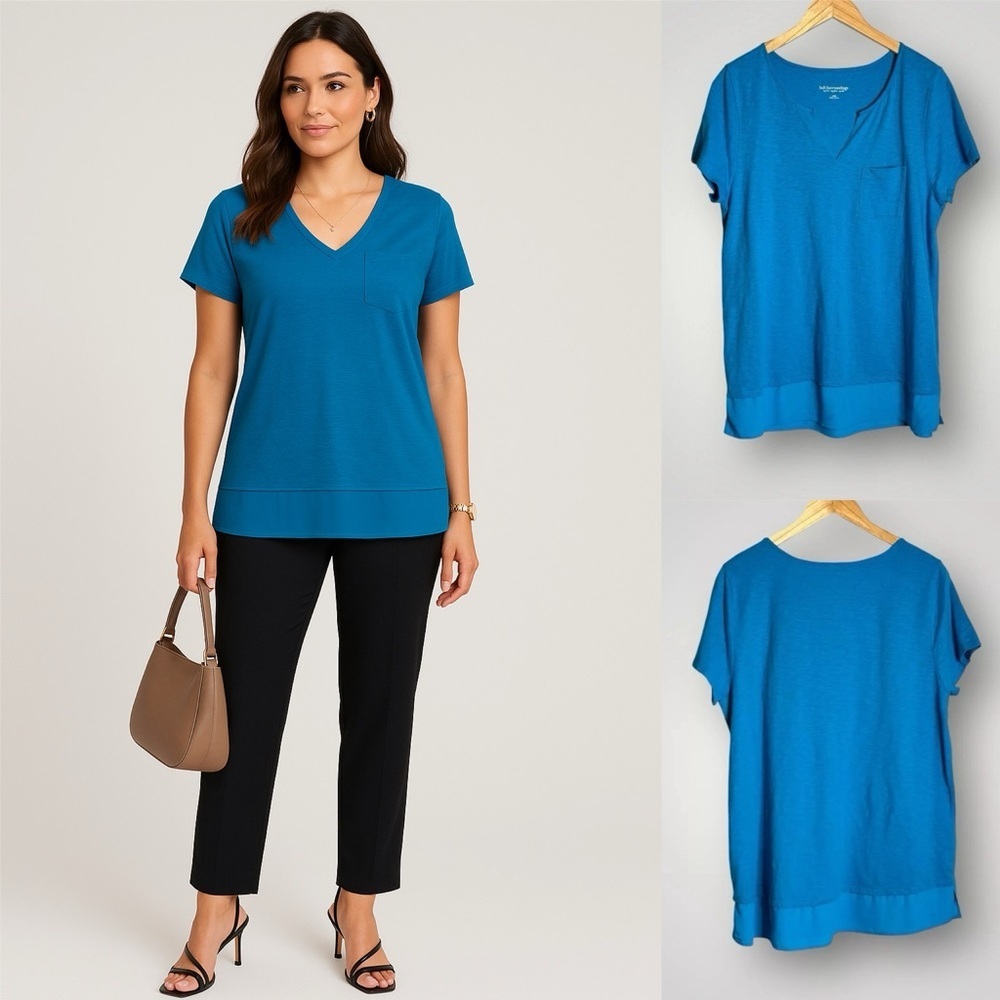 Soft Surroundings | Short Sleeve Top Mixed Media V Neck Pocket Blue EUC
